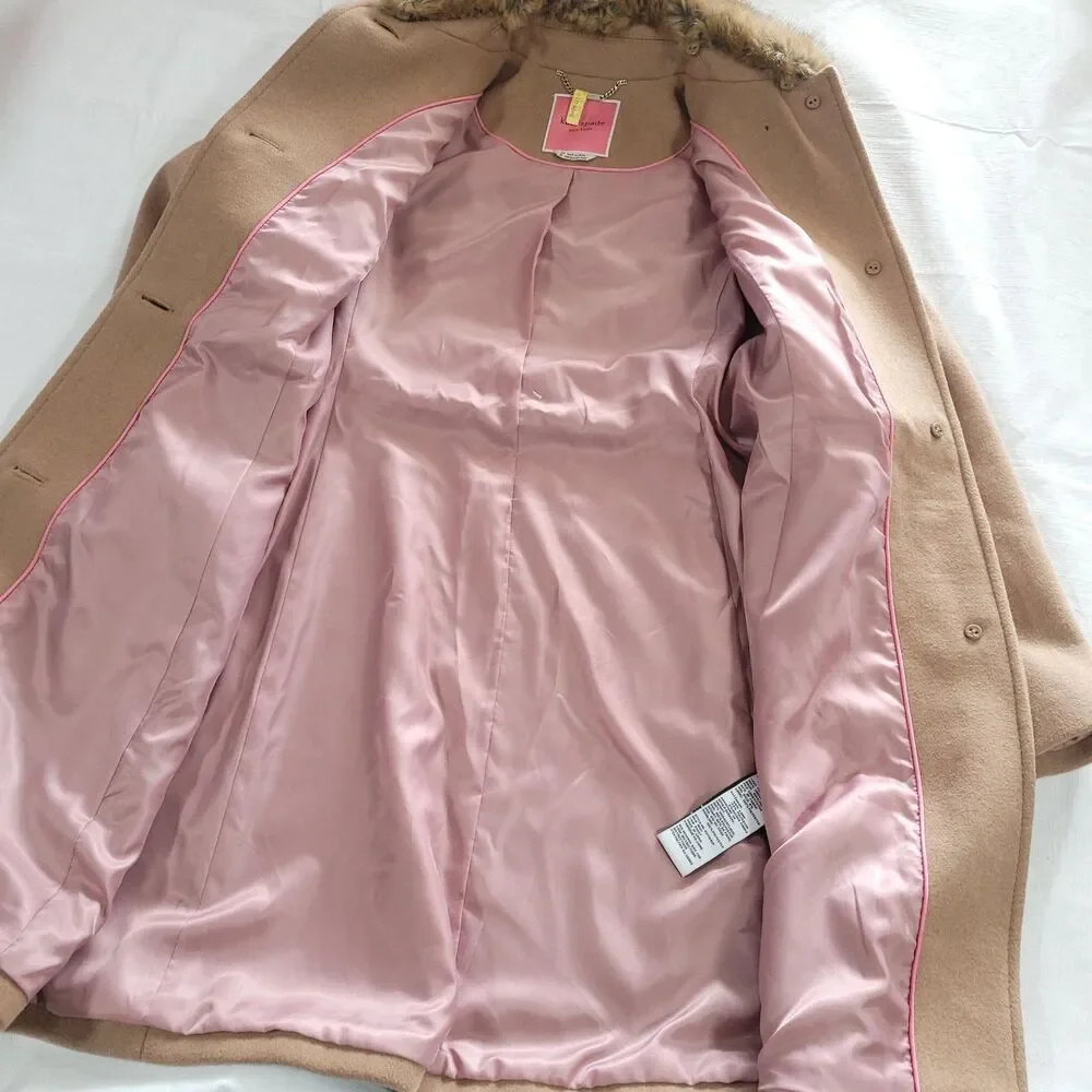 Faux Fur Wool Pea coat Kate Spade‎ XS Tan Pink Satin Lined Preppy mod chic